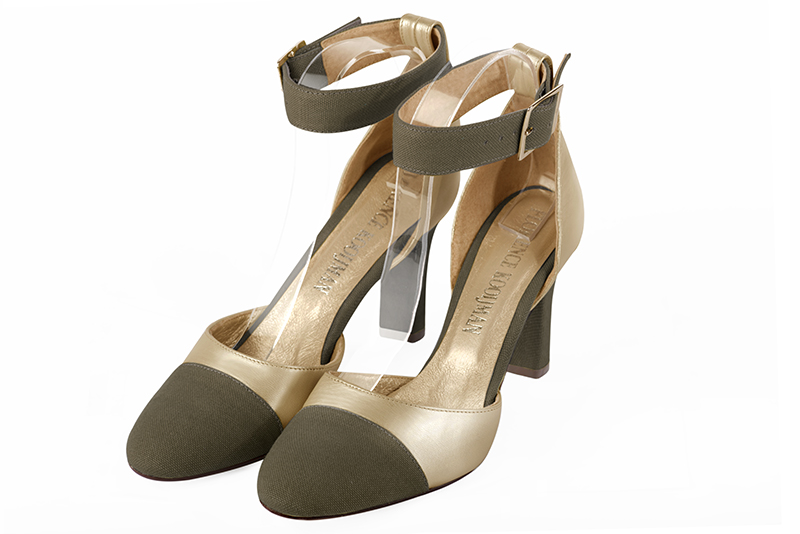 Khaki green and gold women's open side shoes, with a strap around the ankle. Round toe. High kitten heels. Front view - Florence KOOIJMAN